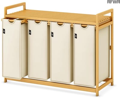 RFWR® Wasmand 200 liter met 4 vakken en bamboeframe – Ideale wasverzamelaar voor badkamer of slaapkamer