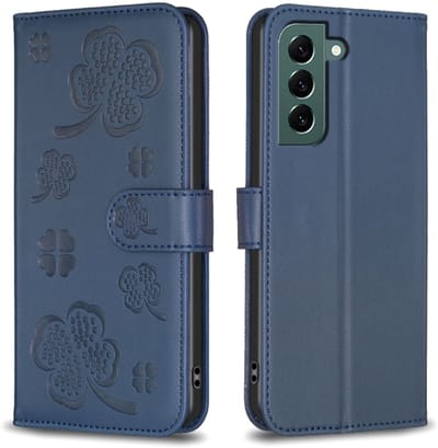 Voor Samsung Galaxy S24 FE 5G lederen telefoonhoes met vier bladeren (blauw)