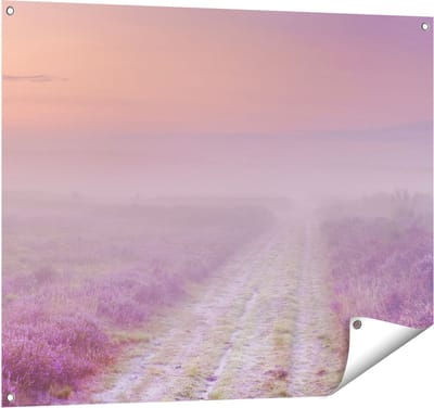 Gards Tuinposter Pad in de Weide tijdens de Mist - 100x80 cm - Tuindoek - Tuindecoratie - Wanddecoratie buiten - Tuinschilderij