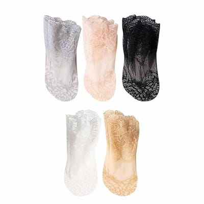 Dailygoods- Enkelsokken 5-pack - Kanten ontwerp - Ademend katoen - Comfortabele elastische rand - Rozenpatroon - Geschikt voor diverse schoenen - Dames Sokken