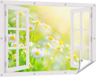 Gards Tuinposter Doorkijk Witte Kamille Bloemen met Zonneschijn - 120x80 cm - Tuindoek - Tuindecoratie - Wanddecoratie buiten - Tuinschilderij