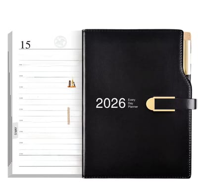 Agenda 2026 A5 Planner – Weekagenda, Dagelijks Dagboek, Kalender 2026, Notitieboek, Bullet Journal, Kladblok, Organisator, Schetsboek - Zwart