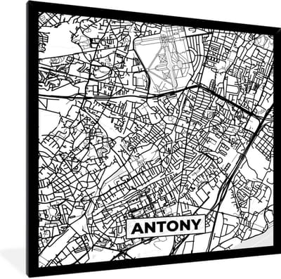 Fotolijst incl. Poster Zwart Wit- Plattegrond - Antony - Kaart - Frankrijk - Stadskaart - Zwart wit - 40x40 cm - Posterlijst