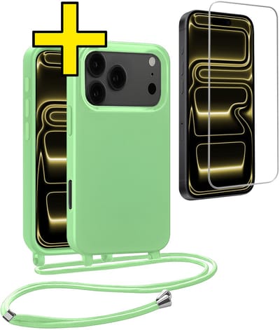 Hoesje Geschikt voor iPhone 17 Pro Hoesje Met Koord Met Screenprotector Siliconen Case - Hoes Geschikt voor iPhone 17 Pro Backcover Met Afneembaar Koord - Groen