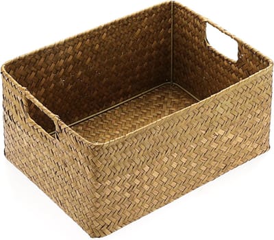 Zeegras Opslag Geopende Mand - Decoratieve Rechthoekige Geweven Rieten Handdoek Organizer - Multifunctionele Desktop Opbergbox Voor Woonkamer En Badkamer, Karamels, M