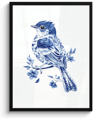 Poster in lijst - Fotolijst 50x70 cm - Posters - Vogel - Delfts blauw - Illustratie - Bloemen - Posterlijst zwart - Decoratie - Wanddecoratie woonkamer - Muurdecoratie slaapkamer