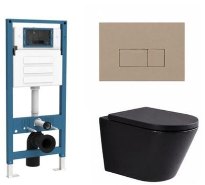 QeramiQ Dely Toiletset - inbouwreservoir Qeramiq Flush - 35mm zitting - kunststof taupe bedieningsplaat - rechthoekige knoppen - mat zwart