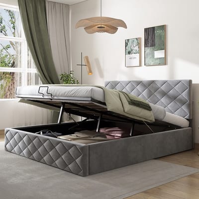 KOMHTOM Tweepersoonsbed 140x200cm Bed Volwassen hydraulische functie bed met lattenbodem en opbergruimte Grijs