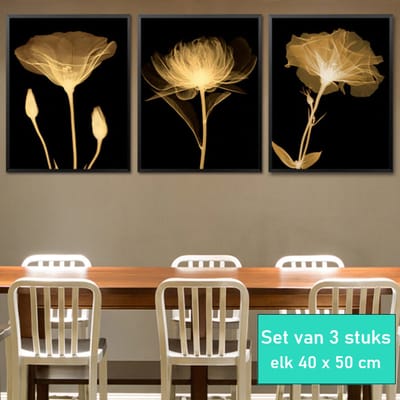 Allernieuwste.nl® SET van 3 st. Canvas Prachtige Gouden Bloemen - Goud-Zwart - SET 3x 40 x 50 cm