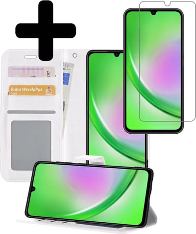 Hoesje - Met Screenprotector - Geschikt voor Samsung Galaxy A34 - Luxe Pasjeshouder - Bookcase Portemonee - Flip Case - Kunstleer Book Case - Flipcase - Book Cover - Walletcase - Portemonneehoes - Telefoonhoesjes - Wit