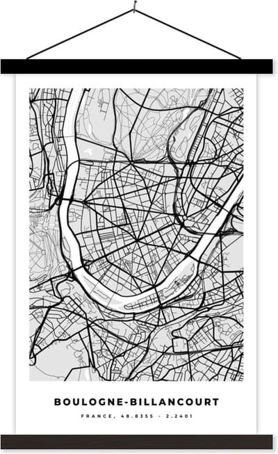 Posterhanger incl. Poster 40x60 cm - Schoolplaat - Plattegrond - Boulogne-Billancourt - Stadskaart - Kaart - Frankrijk - Textielposter - Zwarte latten - Stadskaart