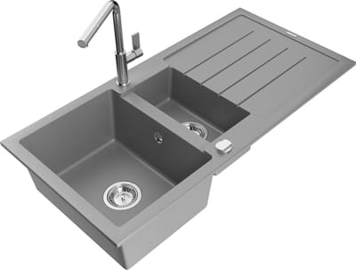 Mexen Andres granieten spoelbak 1,5-kamer met afdruiprek en keukenkraan Flora, grijs - 6515-71-670401-00
