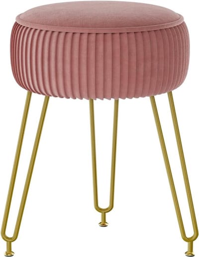 Fluwelen ronde voetensteun, kruk, Ottoman, make-up, ijdelheidspak, bijzettafel, fluwelen kleedtafel, zitpoef, bankkruk, gouden stalen poten, roze L/G-30P