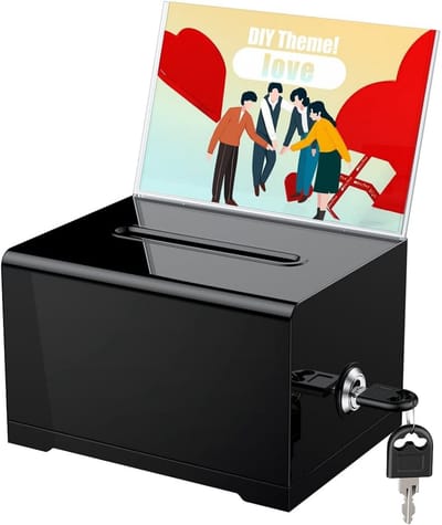 longziming -Acryl Donatiebox met Sleutelslot – Zwarte Stembus met Gleuf en Bordhouder – Veilig en Duurzaam Voor Suggesties, Stemmen, Fondsenwerving en Evenementen – 15,7×11,5×10,2 cm