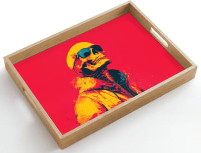 Dienblad hout 50x35 cm - Schootdienblad - Zonnebril - Schedel - Jas - Rood - Borrelplank rechthoek - Plateau dienbladen