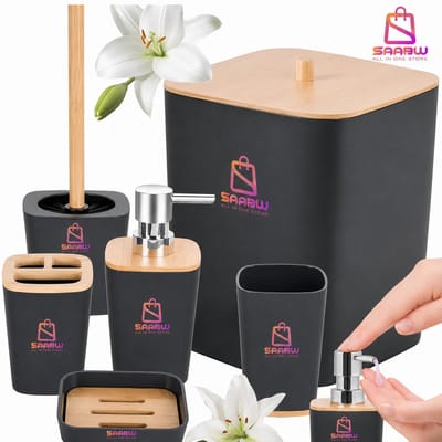 6-Delige Badkamer Accessoires Set – Badkamerset met Zeepdispenser, Toiletborstel, Tandenborstelhouder, Beker, Zeepschaal en 10L Prullenbak met Bamboe Deksel – Moderne Badkamer Accessoires Zwart – 90665