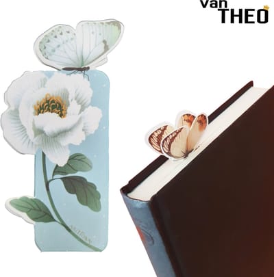 van Theo® Boekenlegger Vlinder & Bloem – Bladwijzer - Bookmark – Kaartje – Pioenroos - Kleine Cadeautjes