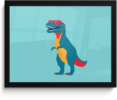 Poster in lijst - Fotolijst 40x30 cm - Posters - Dinosaurus - Blauw - Zonnebril - Posterlijst zwart - Decoratie - Wanddecoratie woonkamer - Muurdecoratie slaapkamer