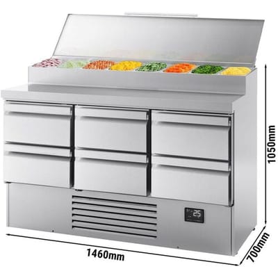 GGM Gastro Zubereitungskühltisch Mini - 1460x700mm - mit 6 Schubladen - Edelstahlaufsatz 8x GN 1/4