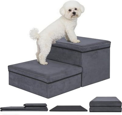 Hondenladder met Opbergruimte, Vouwbaar en Extra Brede Trap voor Kleine en Grote Honden en Katten, Donkergrijs