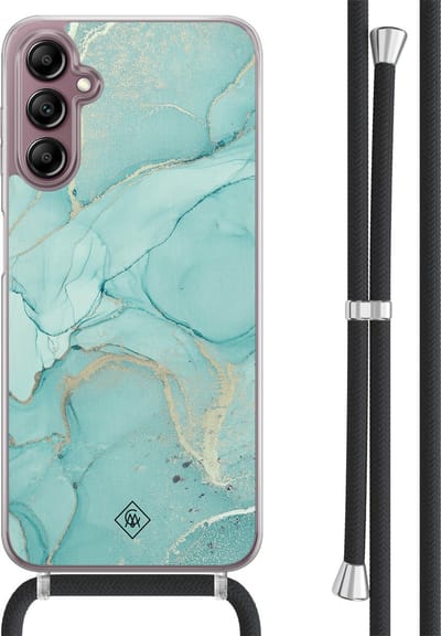 Casimoda® hoesje met koord - Geschikt voor Samsung A14 - Marmer mint groen - Afneembaar koord - TPU/acryl - Mint
