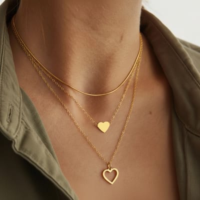 3-Laagse Ketting met Hartje - Layered Necklace Goudkleurig - Minimalistische Gelaagde Dames Ketting - Schakelketting & Slangenketting Hartjes - Cadeau voor Vrouw