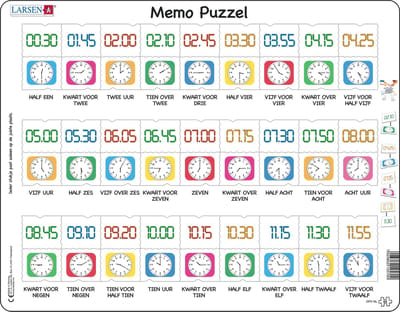 Larsen Klokkijken, traditionele en digitale klok – Puzzel – Leren lezen – Klokkijken – Educatieve legpuzzel voor kinderen – 54 stukjes – Gemaakt in Noorwegen – Extra dikke 2,5 mm stukjes – Tray met vaste rand