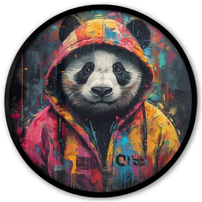 Poster in lijst Rond - Fotolijst 40x40 cm - Posters - Graffiti - Panda - Jas - Kleurrijk - Street art - Ronde posterlijst zwart - Decoratie - Wanddecoratie woonkamer - Muurdecoratie slaapkamer