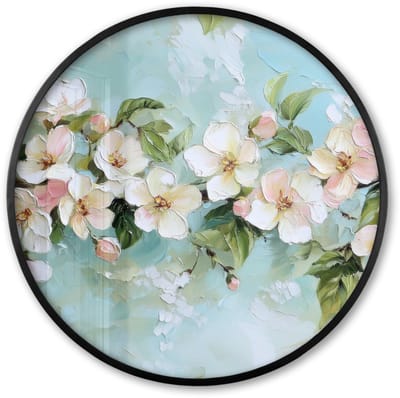 Poster in lijst Rond - Fotolijst 60x60 cm - Posters - Bloesem - Bladeren - Lichtblauw - Ronde posterlijst zwart - Decoratie - Wanddecoratie woonkamer - Muurdecoratie slaapkamer