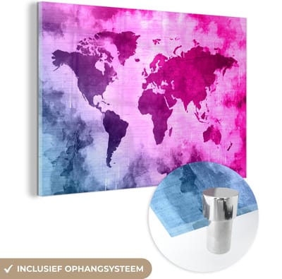 ® Glasschilderij 120x80 cm - Schilderij acrylglas - Wereldkaart - Blauw - Roze - Foto op glas - Muurdecoratie woonkamer - Wanddecoratie slaapkamer - Schilderijen