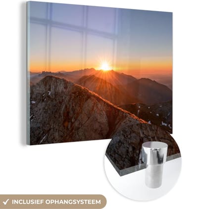 MuchoWow® Glasschilderij 40x30 cm - Schilderij acrylglas - Berg - Landschap - Zon - Foto op glas - Schilderijen