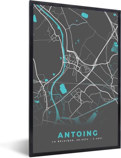 Fotolijst incl. Poster - België – Antoing – Stadskaart – Kaart – Blauw – Plattegrond - 40x60 cm - Posterlijst