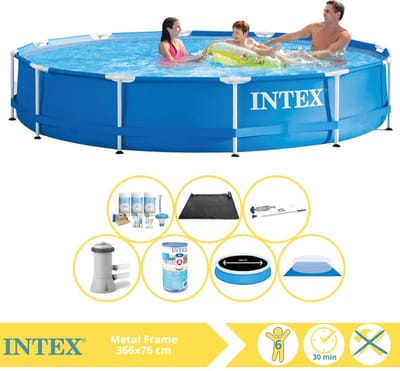 Intex Rond Frame Zwembad - 366 x 76 cm - Blauw - Inclusief Solarzeil - Onderhoudspakket - Zwembadfilterpomp - Filter - Grondzeil - Stofzuiger - Solar Mat - 8-delig