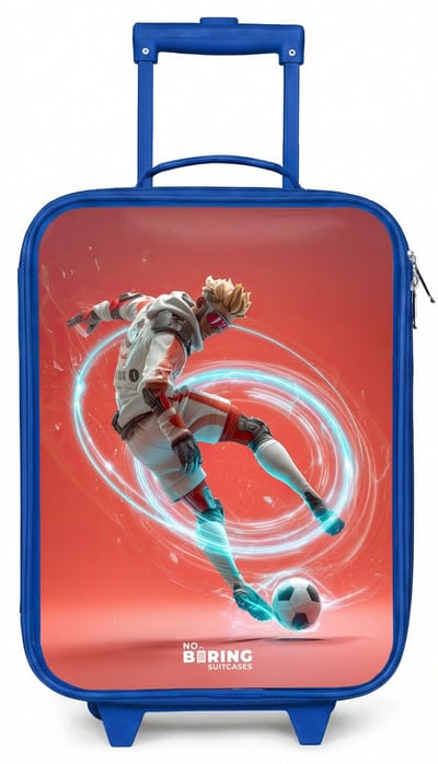 NoBoringSuitcases.com® - Kinderkoffer blauw - Kindertrolley jongen - Voetbal - Jongen - Rood - Lichtcirkel - Koffer kind lichtgewicht - Reiskoffer trolley voor kinderen - Koffertje met lichtgevende wieltjes - Rolkoffer