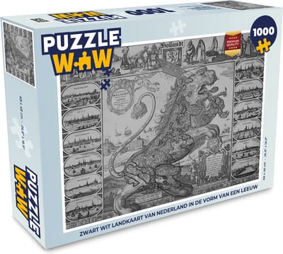 Puzzel Zwart wit landkaart van Nederland in de vorm van een leeuw - Legpuzzel - Puzzel 1000 stukjes volwassenen