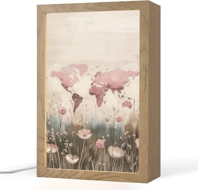 Tafellamp 20x30 cm - LED lamp - Wereldkaart - Roze - Bloemen - Decoratieve tafellampen - Dimbaar - Tafellampje slaapkamer - Woonkamer binnen