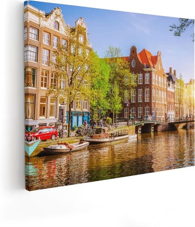 Artaza Canvas Schilderij Amsterdamse Grachten - 100x80 cm - Groot - Wanddecoratie Amsterdam - Muurdecoratie Woonkamer - Schilderijen Op Canvas Stad