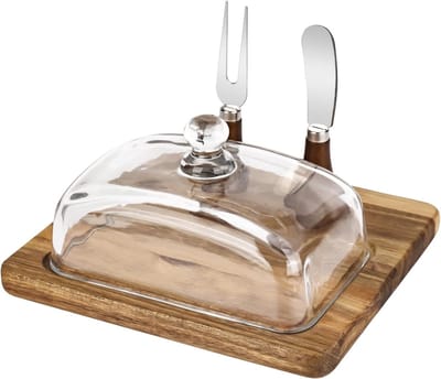 Boterdoos met houten deksel, mes en vork - Bamboe en acacia boterbox voor keuken en huishouden