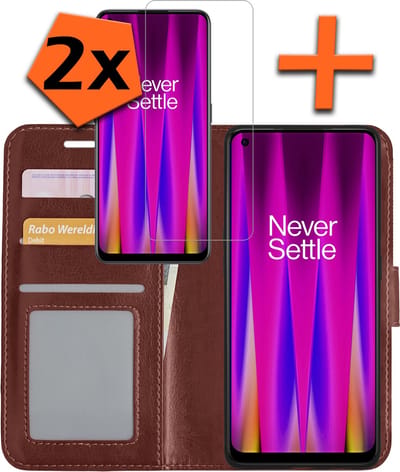 Hoes - Met 2x Screenprotector - Geschikt voor OnePlus Nord CE 2 - Luxe Pasjeshouder - Bookcase Portemonee - Flip Case - Kunstleer Book Case - Flipcase Hoes - Book Cover - Walletcase - PortemonneeHoes - Bruin