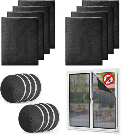 Insectenwerend Raamnet, 130 x 150 cm, Makkelijk te Installeren zonder Boren, Polyester, Ideaal voor Huizen en Tuinen, Set van 8, Zwart