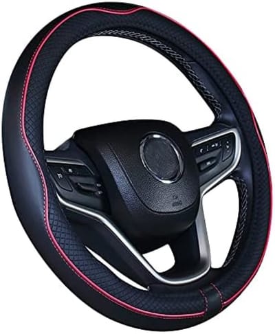 Microvezel lederen autostuurhoes, Universeel 15 inch/38 cm, Ademend, Antislipbeschermer voor Auto/Vrachtwagen/SUV/Busje - Zwart Rood