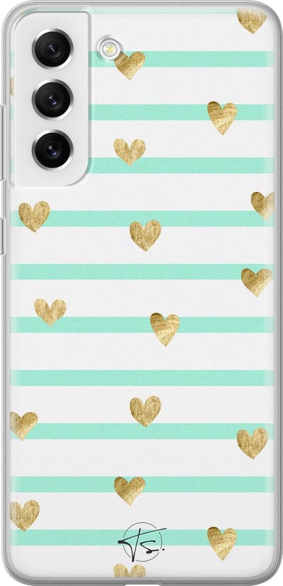 Hoesje geschikt voor Samsung Galaxy S21 FE - Mint hartjes - Soft Case - TPU - Gestreept - Blauw - Mooie Telefoonhoesjes