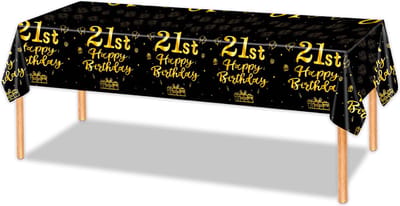 LUQ - Luxe Tafelkleed 21 Jaar Zwart Goud Verjaardag Versiering Tafelloper Plastic Tafelzeil Feest Tafellaken Xl Formaat
