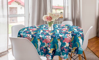 ABAKUHAUS Exotisch Rond Tafelkleed, Flamingovogels Jungleplanten, Cirkelvormige tafelkleedhoes voor eetkamerkeukendecoratie, 150 cm, Meerkleurig