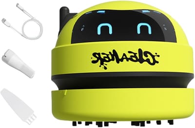 Draadloze mini-stofzuiger voor het bureau met robotdesign, oplaadbaar via USB, 3 snelheidsstanden, led-display en afneembaar mondstuk; geschikt voor thuis, kantoor, auto, toetsenbord en bureau – Groen
