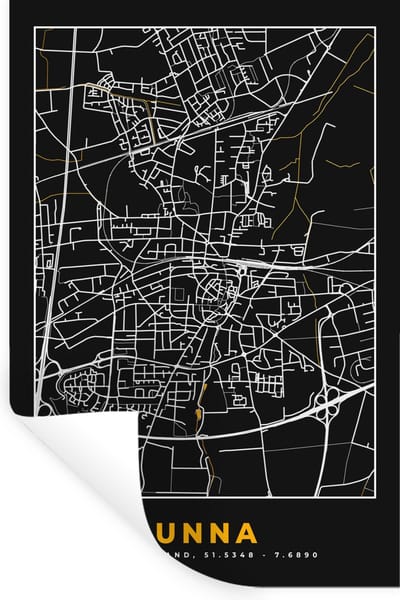 Muurstickers - Sticker Folie - Duitsland – Black and Gold – Unna – Stadskaart – Kaart – Plattegrond - 20x30 cm - Plakfolie - Muurstickers Kinderkamer - Zelfklevend Behang - Zelfklevend behangpapier - Stickerfolie