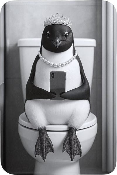 Badmat 60x90 cm - Antislip - Pinguïn - Telefoon - Toilet - Zwart - Wit - Badmatten voor badkamer - Badkamermat - Douchemat - Badkamer mat