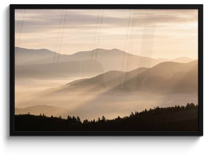 Poster in lijst - Fotolijst 90x60 cm - Posters - Bergen - Mist - Zonnestralen - Posterlijst zwart - Decoratie - Wanddecoratie woonkamer - Muurdecoratie slaapkamer