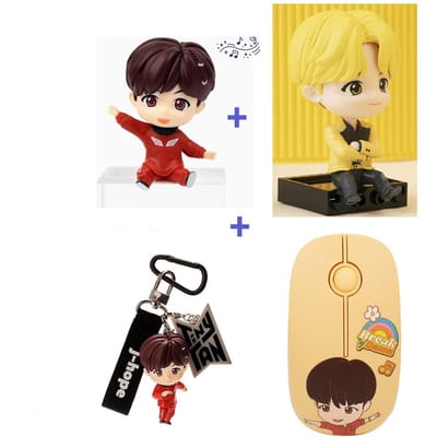 BTS(Bangtan-jongens) 2 Monitor Beeldjes + 1 Sleutelhanger + 1 Draadloze Muis SET, TinyTan, Officieel, Origineel, Authentiek, KPOP, idool yellow