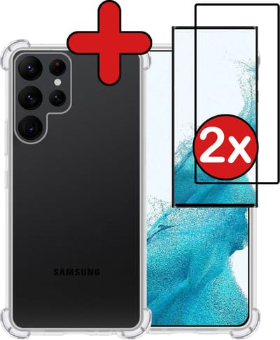 Hoesje - Met Screenprotector - 2 Stuks - Geschikt voor Samsung Galaxy S22 Ultra - Sterk & Shockproof - Back Cover - Siliconen Case - Telefoon Hoes - Shock Proof - Telefoonhoes - Transparant